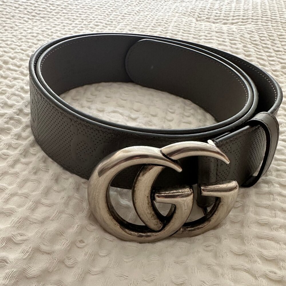 Gucci Gray Embossed Leather Belt Men's Size 32-36